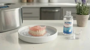 Split-screen comparison showing stained dentures before and sparkling clean after ultrasonic cleaning.