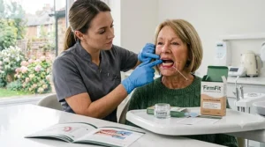 A dental professional checking the fit and comfort of a patient's dentures to ensure they remain secure.