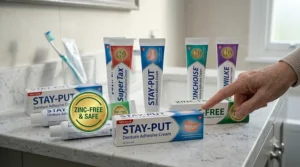 A selection of various zinc-free denture adhesive cream products displayed on a bathroom vanity, with a label highlighting that they are safe for use.