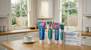 A display of zinc-free Fixodent and Poligrip product variants, highlighting options suitable for those seeking specific formulations.