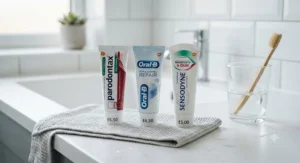 A line-up of three daily fluoride toothpastes designed for bleeding gums, each priced affordably under £10 in British supermarkets.