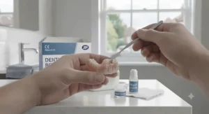Carefully applying the bonding agent from the denture bond repair kit to the fracture line.