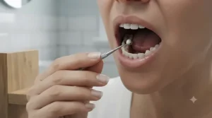 Using a small applicator tool to carefully press temporary filling material into a tooth cavity.