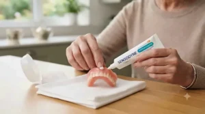 Close-up of applying a small, pea-sized amount of fixative to a clean denture.