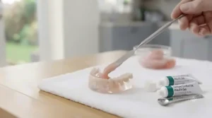 An illustration showing the even application of professional relining material across the inner surface of a denture base.