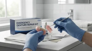 Applying the prepared repair material carefully to the denture fracture site with a spatula.