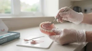 Squeezing soft silicone reline material evenly into the fitting surface of an upper denture base.