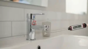 A warning icon next to a tap indicating that hot water can warp denture material.