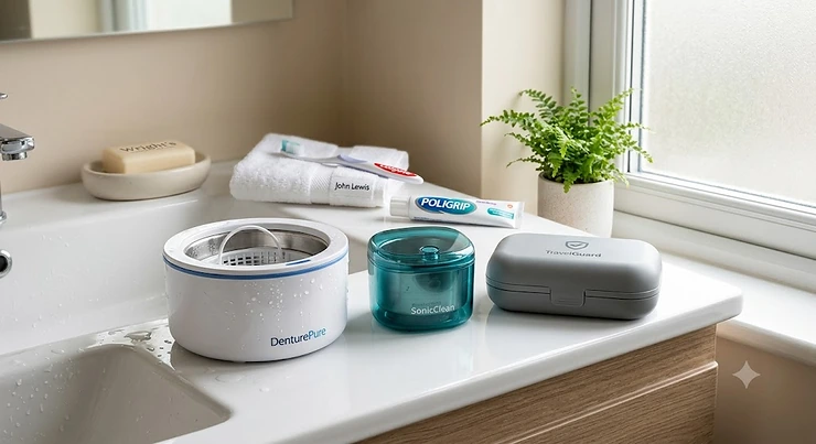 A selection of the best denture bath cases lined up on a clean bathroom vanity, highlighting different designs for daily hygiene. best denture bath