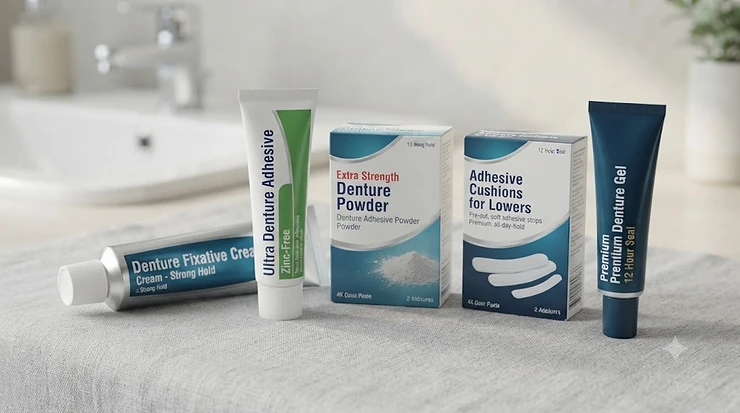 A selection of various denture fixative products, including creams, powders, and cushions, arranged on a bathroom vanity. denture adhesive for loose dentures