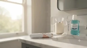 Rechargeable electric gum massager resting by a bathroom basin as part of an advanced dental care routine.