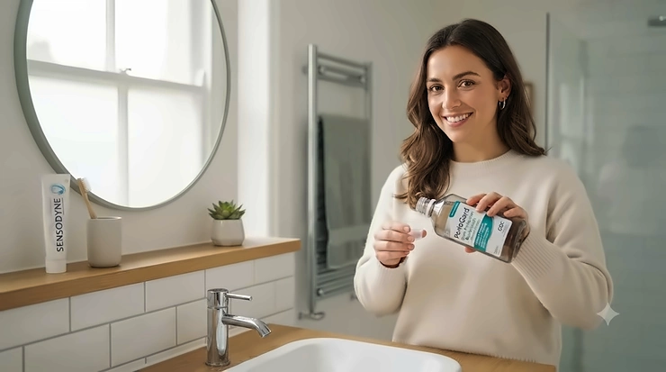 Professional holding a bottle of mouthwash for gingivitis in a modern British bathroom setting. mouthwash for gingivitis