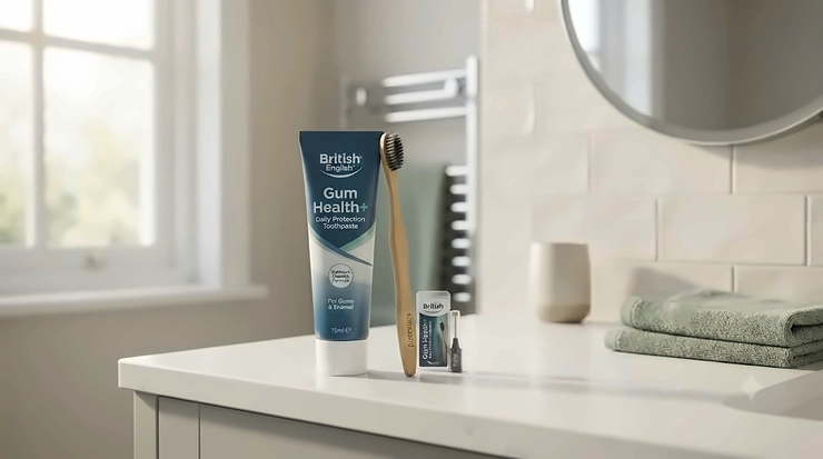 A tube of specialised toothpaste for gingivitis and a soft toothbrush on a bathroom sink, recommended for daily plaque removal and healthy gums. toothpaste for gingivitis