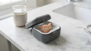 An antibacterial, breathable denture case for travelling to keep oral appliances hygienic.