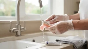 Hands wearing sanitary gloves thoroughly cleaning and drying a lower acrylic denture over a sink.