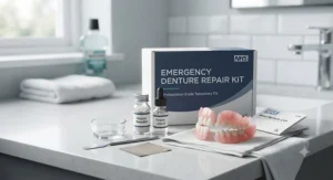Preparing and cleaning the fractured edges of a broken denture before starting the repair.