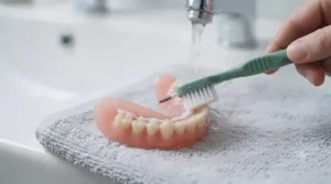 A hand brushing a denture under a running tap to remove residual fixative as part of a daily hygiene routine.