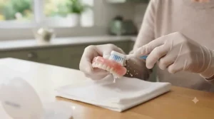 Hands in gloves carefully brushing a denture with a specialised toothbrush.