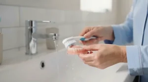 Close-up of a soft-bristled brush gently cleaning dentures under a running tap.