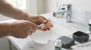 A person cleaning their denture case for travelling in a clean hotel bathroom.