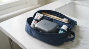 A compact denture case for travelling packed inside a standard toiletry washbag.