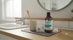 Toothbrush, dental floss, and a bottle of mouthwash for gingivitis laid out on a clean countertop.