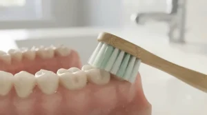 Illustration demonstrating the correct toothbrush angle at the gum line to help prevent gingivitis when brushing twice a day.