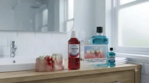 Close-up of a Corsodyl treatment bottle emphasizing its medical-grade formula designed to target early signs of gum disease and bleeding gums.