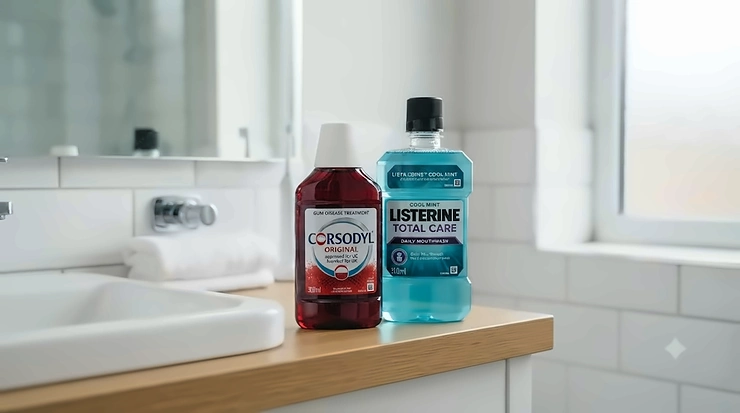 Bottle of Corsodyl and Listerine mouthwash displayed side-by-side on a bathroom shelf, comparing therapeutic gum care versus daily oral hygiene. Corsodyl mouthwash vs Listerine