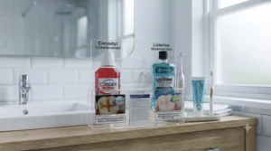 Comparison table highlighting potential side effects like temporary tooth staining from Corsodyl versus alcohol content considerations in standard Listerine variants.