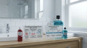 Timeline chart illustrating the difference between short-term Corsodyl treatment for gingivitis and lifelong daily use of Listerine for plaque maintenance.