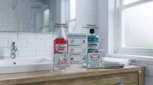 Summary checklist matrix helping UK consumers decide between Corsodyl for acute gum care and Listerine for everyday dental hygiene.