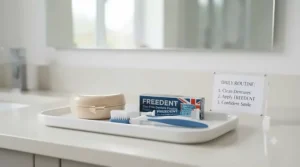Steps for daily denture cleaning and applying fresh zinc-free fixative.
