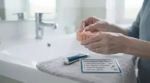 Hands holding a denture next to a helpful checklist card for a daily denture care routine, including cleaning and adhesive application.