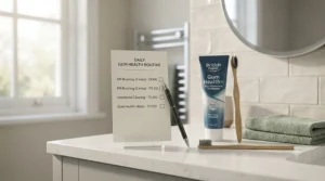 Checklist graphic outlining a daily oral care routine, including brushing with toothpaste for gingivitis for at least two minutes.