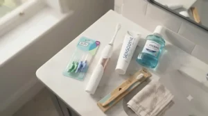 Flat-lay of British dental hygiene essentials including toothpaste, floss, and a therapeutic gum massager.
