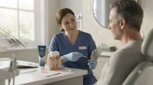 A dental professional advising a patient in a UK clinic on managing gingivitis and choosing the right toothpaste.