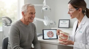 Older British man discussing a permanent denture adjustment with a professional dentist in a modern UK dental clinic.