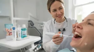 British dentist explaining the benefits of adding a gum massager to a daily gingivitis prevention routine.