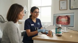 UK dentist discussing the benefits of incorporating a mouthwash for gingivitis into a dental hygiene plan.