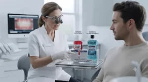 UK dentist explaining oral care options and advising patients on whether to choose a therapeutic mouthwash or a daily maintenance rinse.