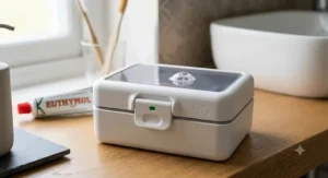 Secure, snap-locking lid on a denture storage box to ensure hygienic and spill-proof protection.