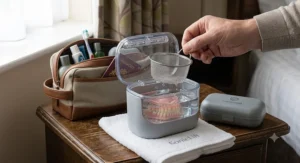 A denture bath featuring a removable rinsing basket for easy cleaning and handling of dentures.