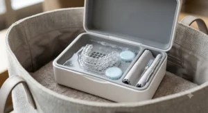 Versatile denture storage box also suitable for holding orthodontic retainers and gum shields.