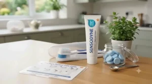 A table set with a denture care guide, cleaning tablets, and fixative tube.