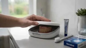 A discreet, portable denture case with mirror placed inside a travel wash bag.