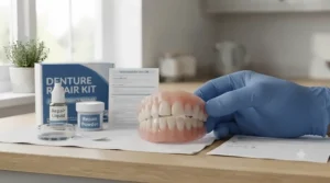 A completed denture repair shown alongside the kit components, representing a successful home fix.