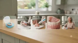 An infographic sequence showing the daily steps for denture cleaning and care.