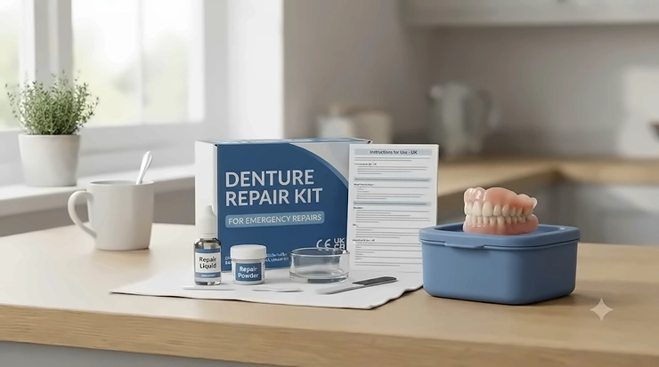 A complete denture repair kit on a clean surface, featuring professional dental adhesive and repair tools for home use. denture repair kit