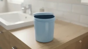 A clean, lidded denture storage container placed on a stable, dry surface.